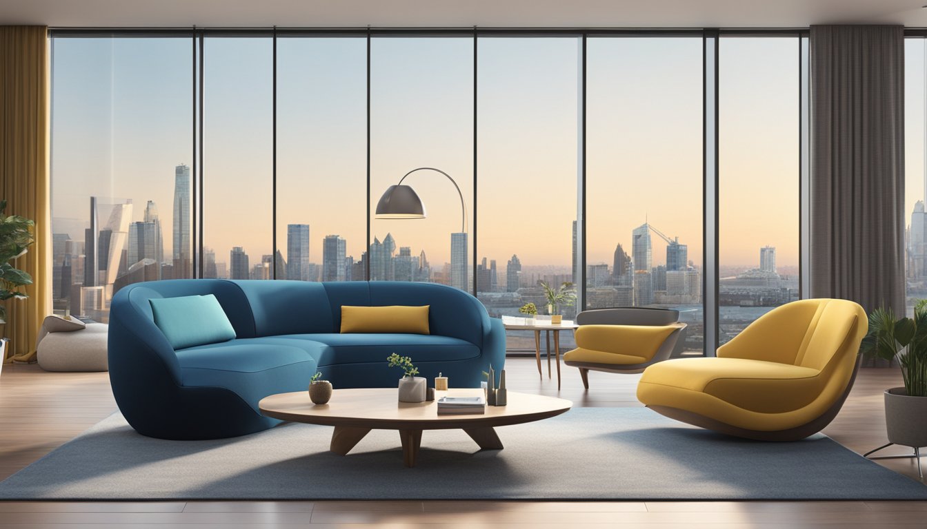 A seahorse-shaped sofa sits in a modern living room, surrounded by sleek furniture and a city skyline visible through floor-to-ceiling windows