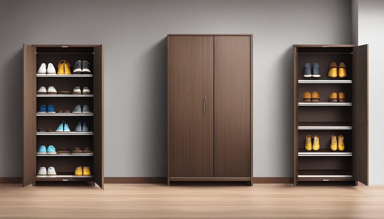 A shoe cabinet stands against the wall, its doors closed. The cabinet is made of dark wood and has several shelves inside