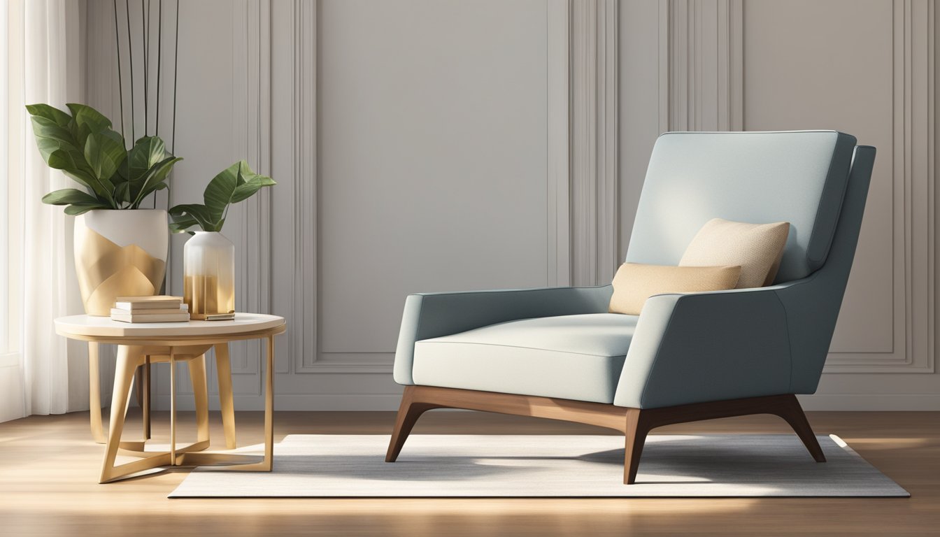A sleek, minimalist chair sits in a sunlit room, surrounded by clean lines and geometric shapes. The furniture exudes a sense of sophistication and timeless elegance