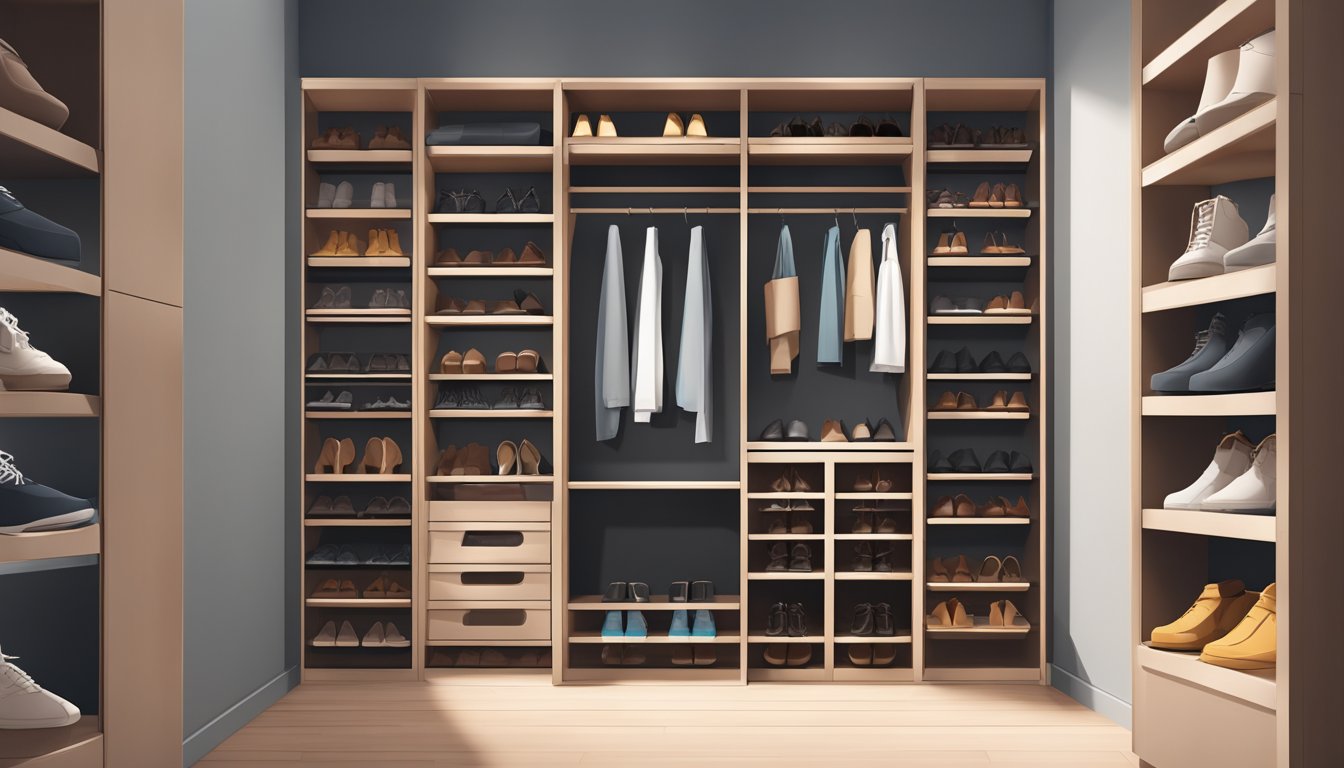 A shoe cabinet with doors stands open, revealing neatly organized shelves of shoes. The design is sleek and modern, with clean lines and a minimalist aesthetic