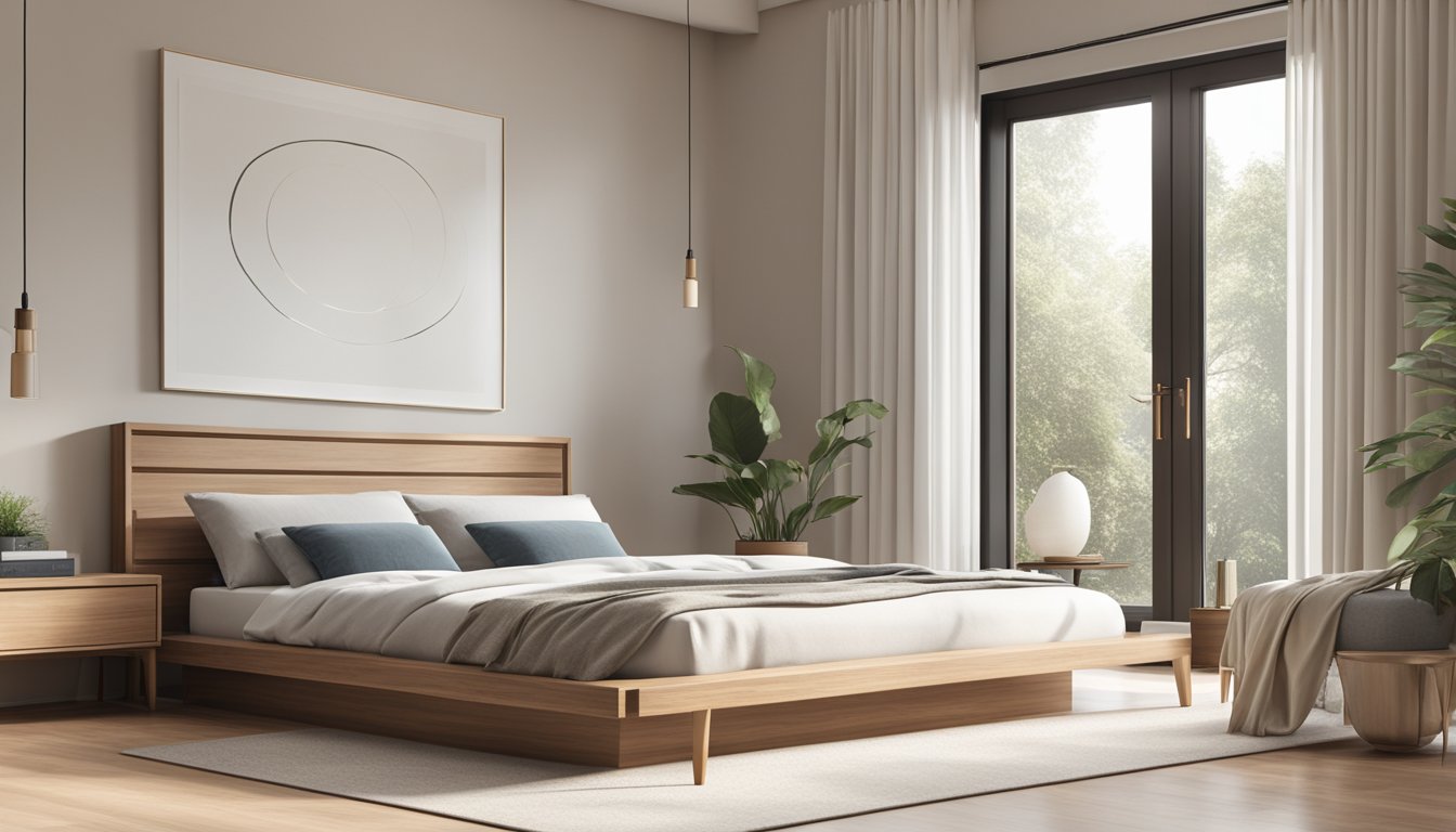 A wooden platform bed with clean lines and minimalistic design, surrounded by a soft, neutral-toned bedroom setting