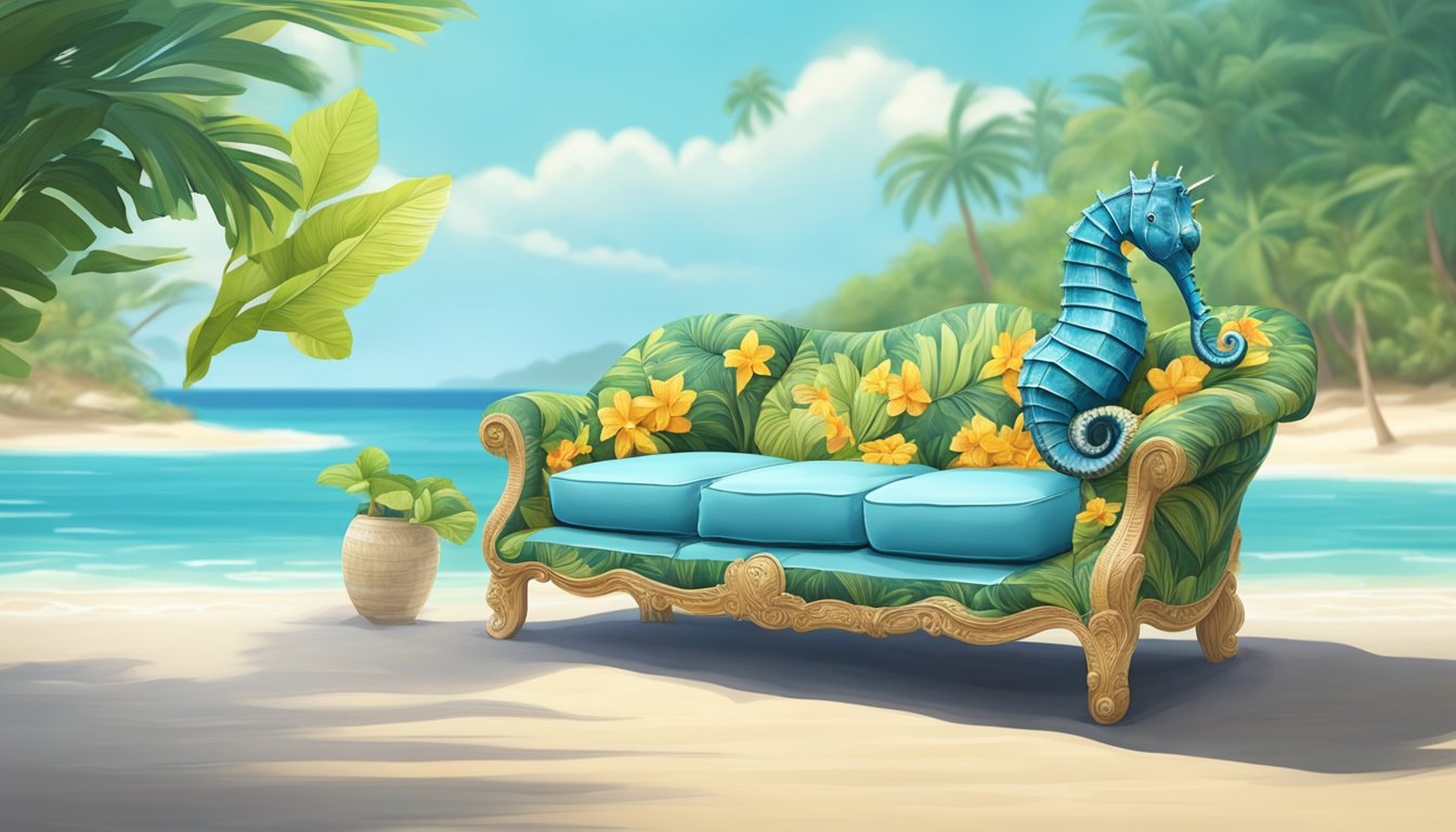 A seahorse-shaped sofa sits elegantly on a lush tropical beach, with the clear blue ocean in the background