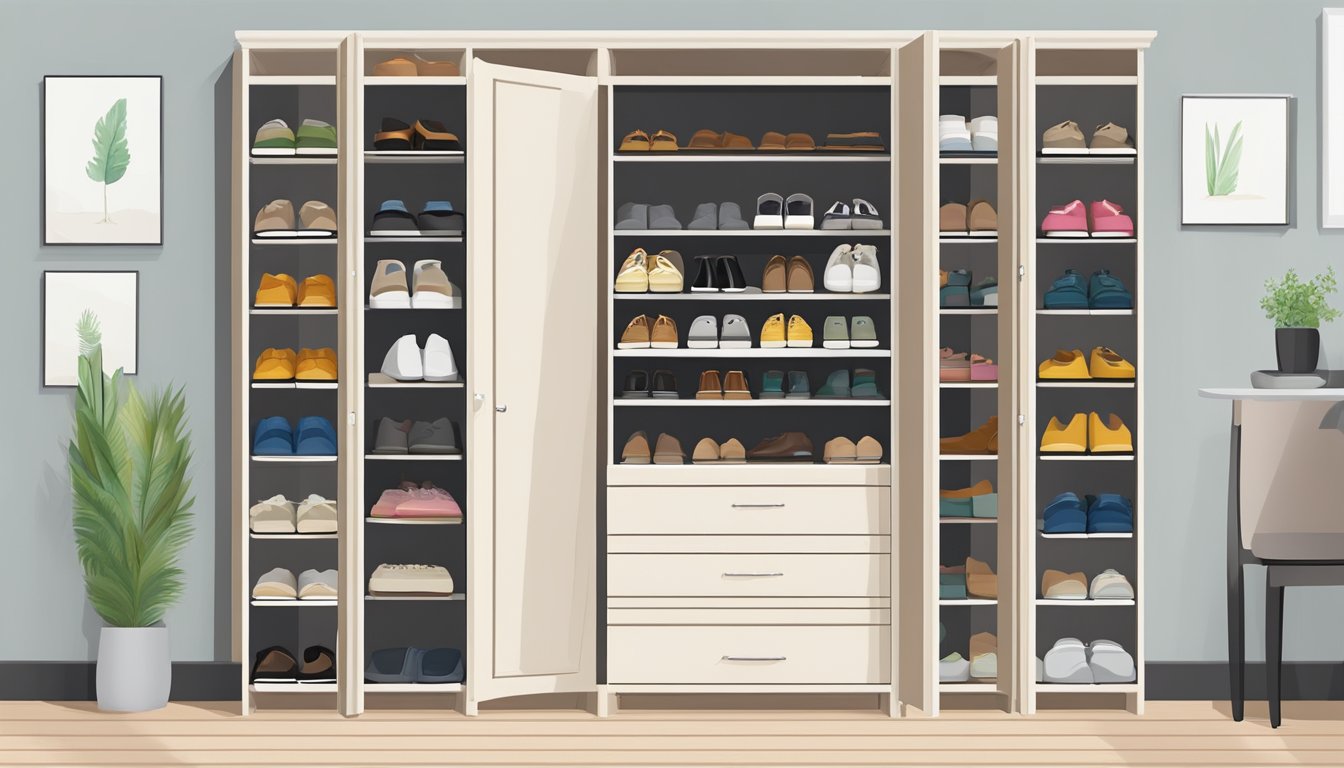 A shoe cabinet with doors, neatly organized with various pairs of shoes. The cabinet is compact, maximizing space in a room