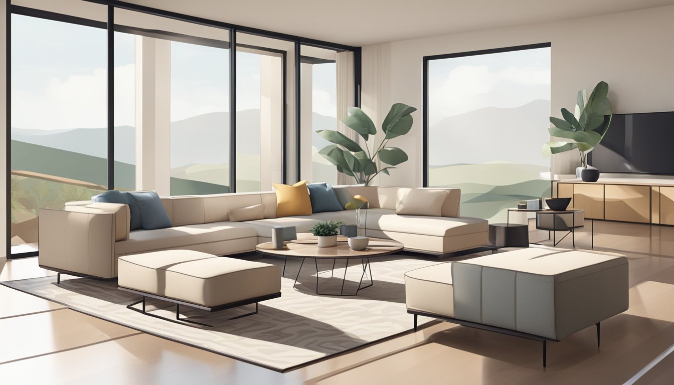 A sleek, minimalist living room with clean lines, geometric shapes, and neutral colors. A modernist sofa and chairs are arranged around a low, angular coffee table. The space is filled with natural light from large windows