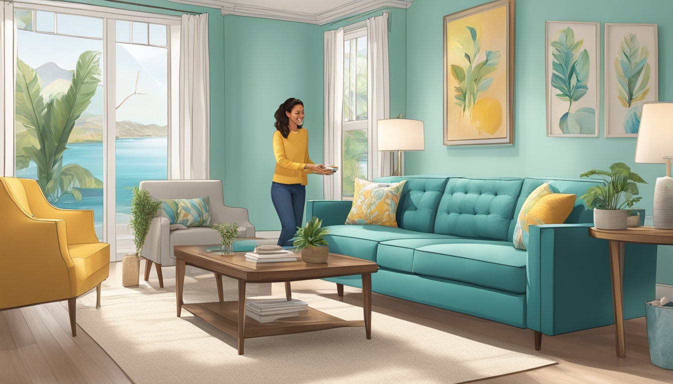 A seahorse sofa sits in a bright, modern living room. A customer service representative smiles while assisting a happy shopper