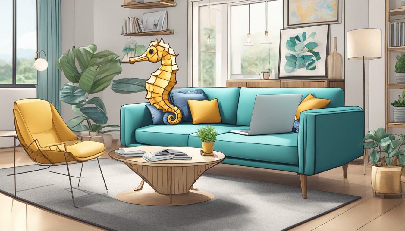 A seahorse-shaped sofa sits in a bright, modern living room. A laptop displaying a website with "Frequently Asked Questions" about Singapore is open on the coffee table