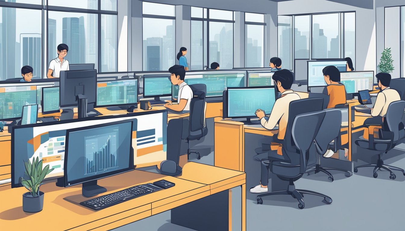 Software engineers in Singapore work in modern offices with computers. They earn high salaries