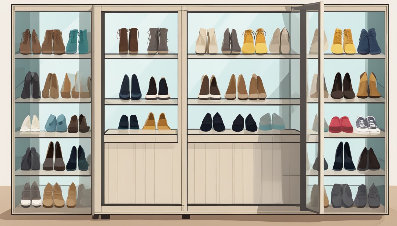 A shoe cabinet with doors stands against a wall, neatly organized with various pairs of shoes visible through the glass panels