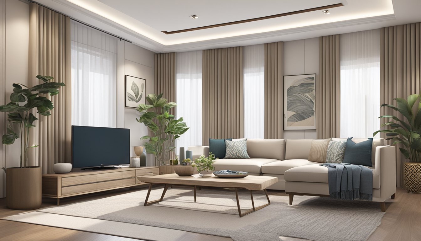 A modern living room with sleek furniture, clean lines, and a neutral color palette. Incorporating elements of traditional Singaporean design such as intricate patterns and natural materials