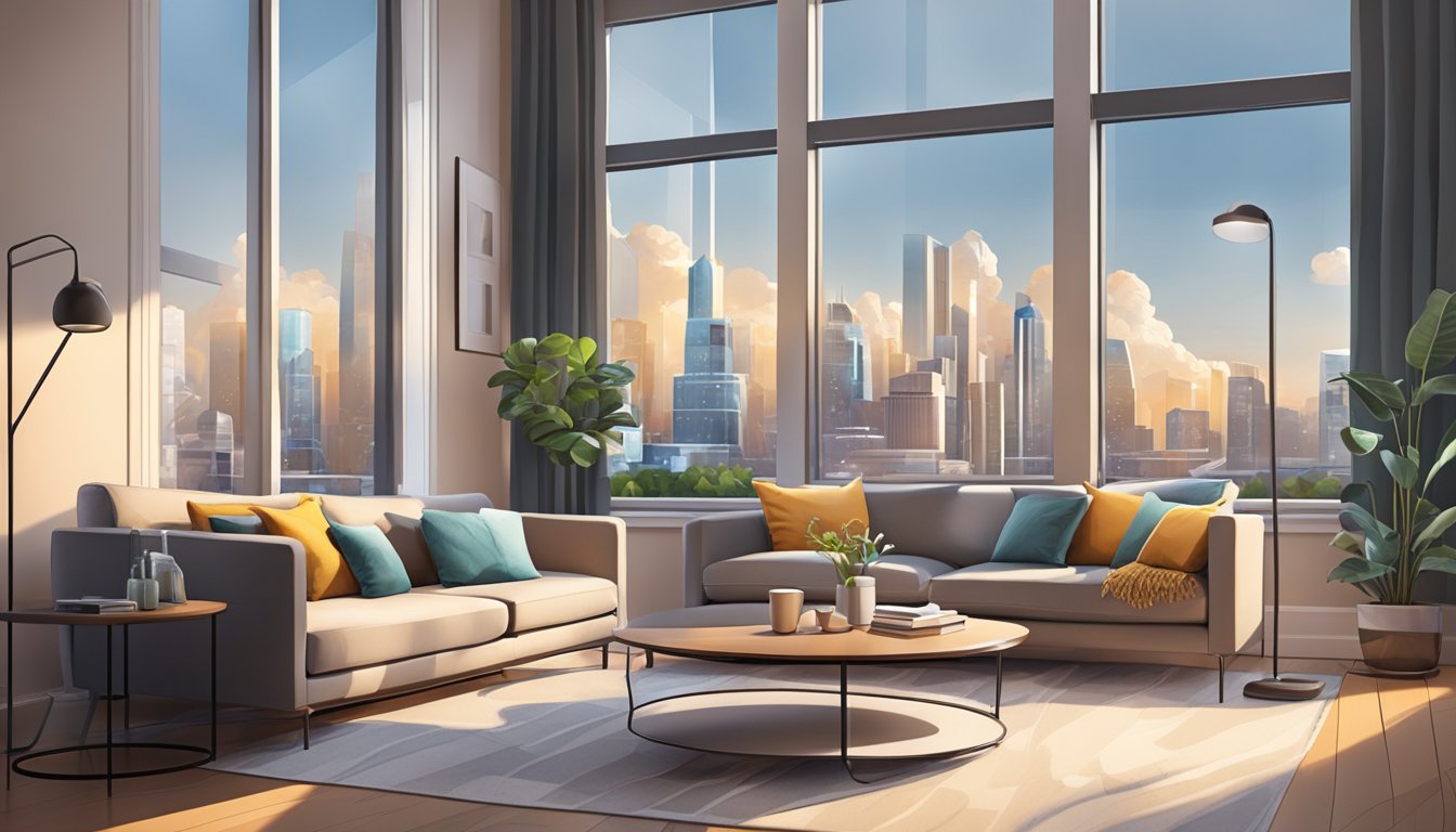 A cozy living room with a modern sofa, a sleek coffee table, and stylish decor. A large window lets in natural light, showcasing the beautiful cityscape outside