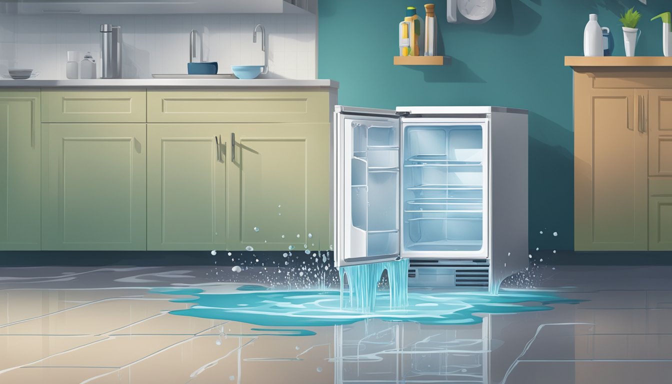 A puddle forms beneath a leaking refrigerator, water dripping steadily from a crack in the bottom