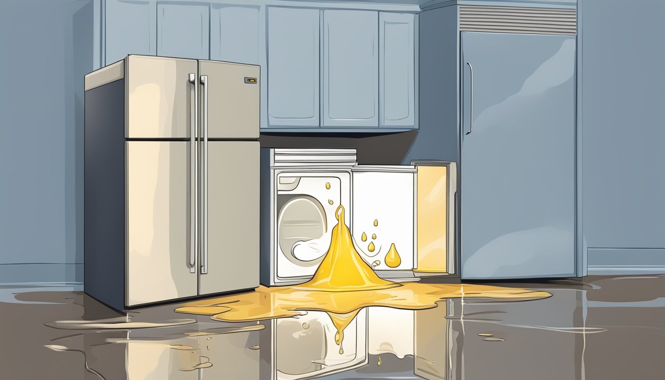 A puddle forms beneath a leaking refrigerator. Water drips from a crack in the water line, pooling on the floor