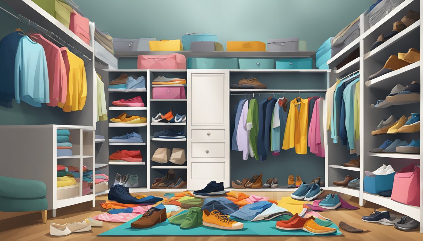 The wardrobe doors creaked open, revealing a jumble of colorful clothes and shoes spilling out onto the floor