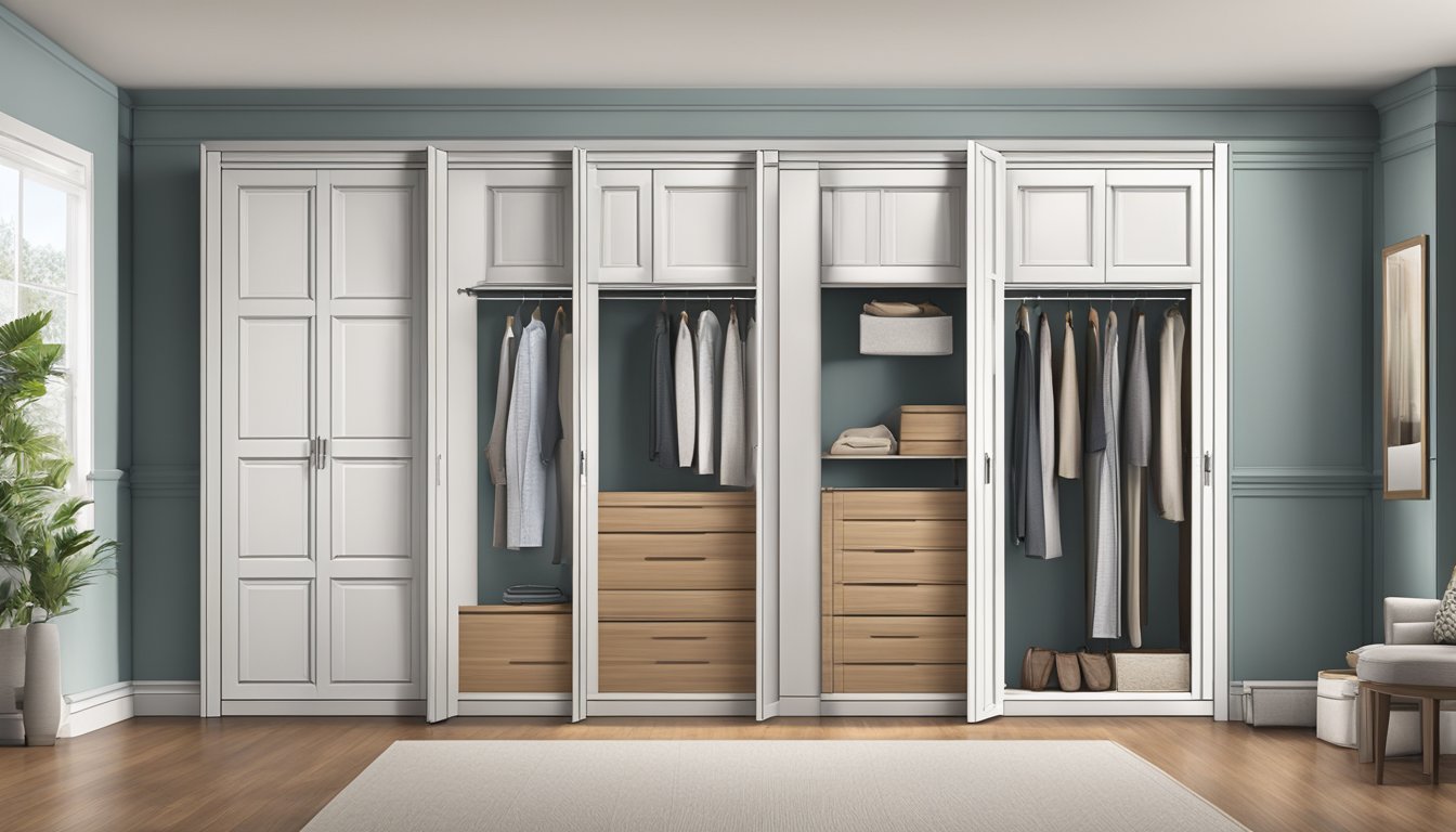 A variety of wardrobe doors stand side by side, showcasing different styles and materials such as sliding, hinged, mirrored, and panelled designs