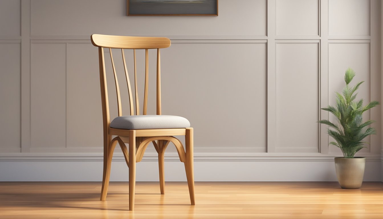 A wooden chair, 3 feet tall, 2 feet wide, with a cushioned seat and straight backrest, placed on a hardwood floor in a well-lit room