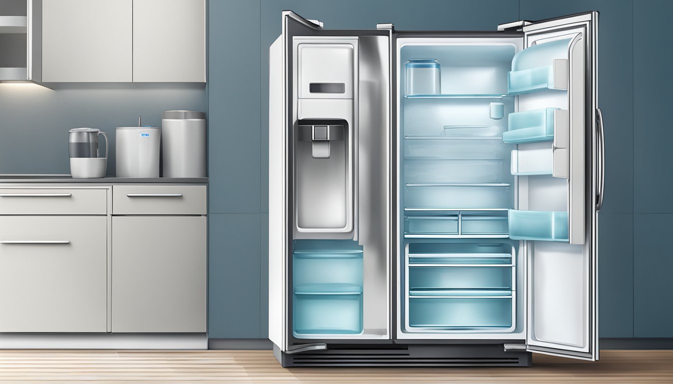 A refrigerator with water pooling underneath and a visible leak from the bottom
