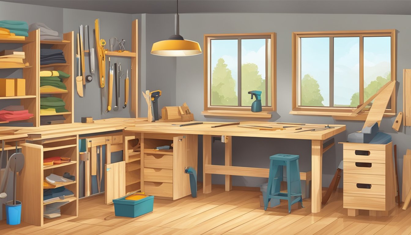 A designer measures and cuts wood for wardrobe doors. Tools and materials are scattered on a workbench