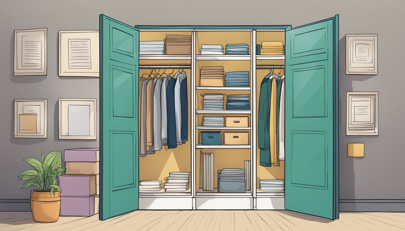 The wardrobe doors swing open, revealing a stack of neatly organized Frequently Asked Questions pamphlets