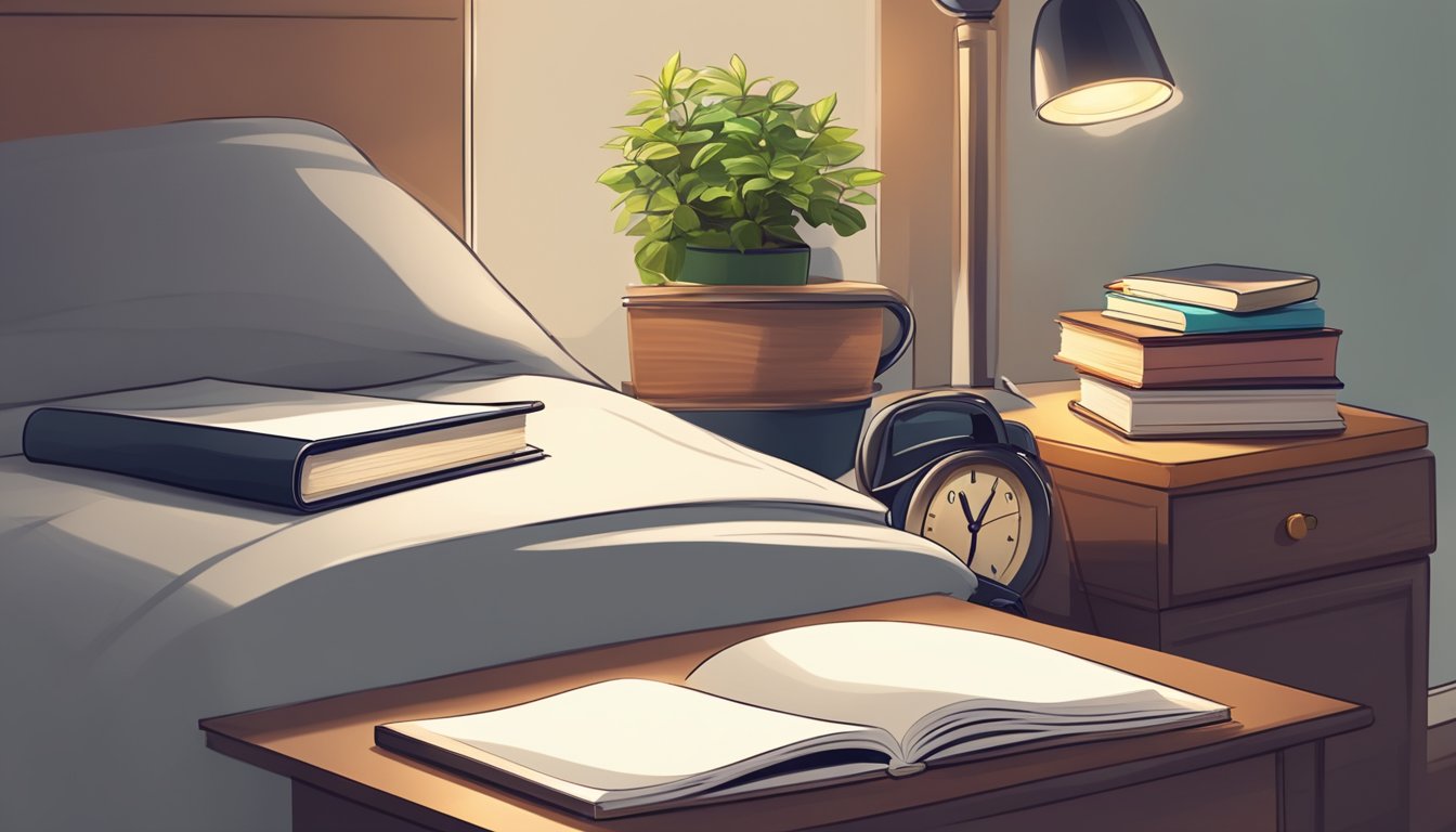 A sleek nightstand with a stack of books, a reading lamp, and a small potted plant. A smartphone and a notepad with a pen are also on the nightstand