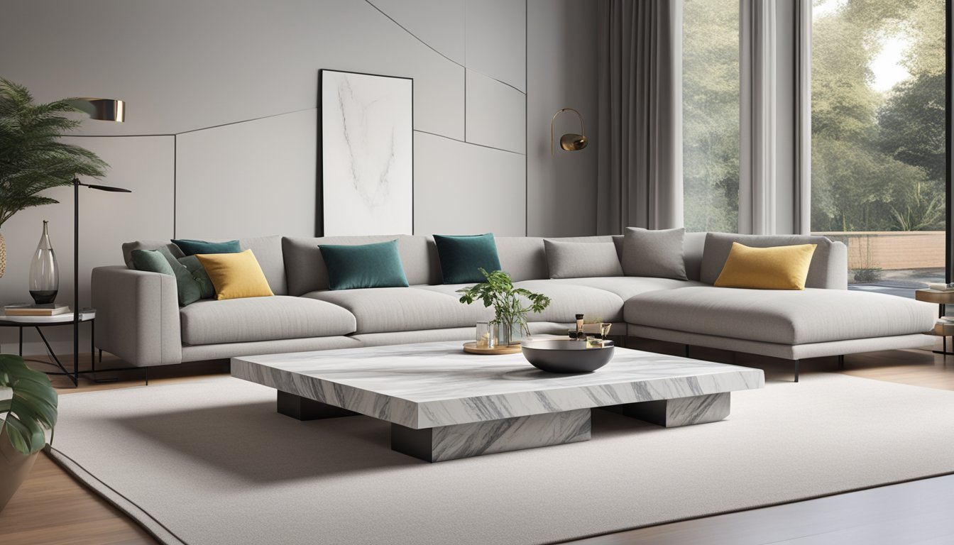 A marble coffee table with built-in storage sits in a modern living room, surrounded by sleek furniture and minimalist decor