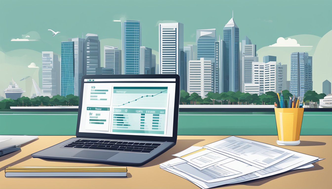 A desk with a laptop, calculator, and paperwork. A Singapore skyline in the background. A salary report displayed on the laptop screen