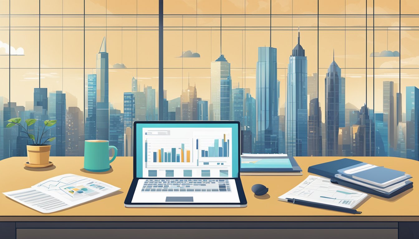 A table with salary data, charts, and a city skyline in the background