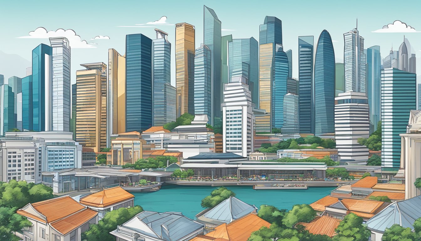 A bustling city skyline with a mix of modern skyscrapers and traditional buildings, indicating the diverse career opportunities and progression in Singapore