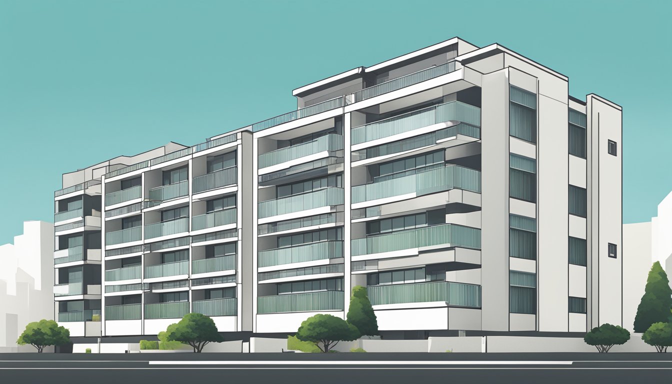 A simple, clean HDB building against a clear sky, with clean lines and minimalistic design