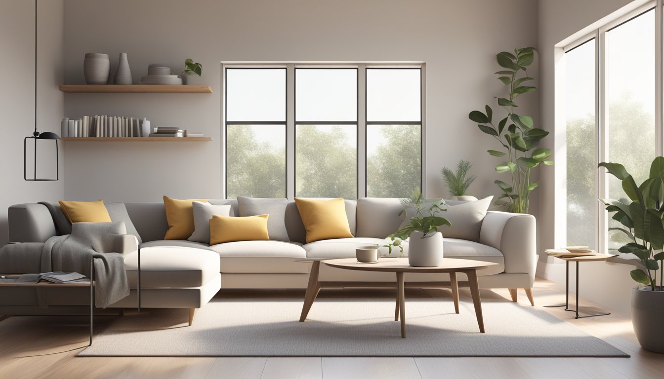 A clean, clutter-free living room with sleek furniture and neutral colors. Minimalist decor and plenty of natural light create a serene atmosphere