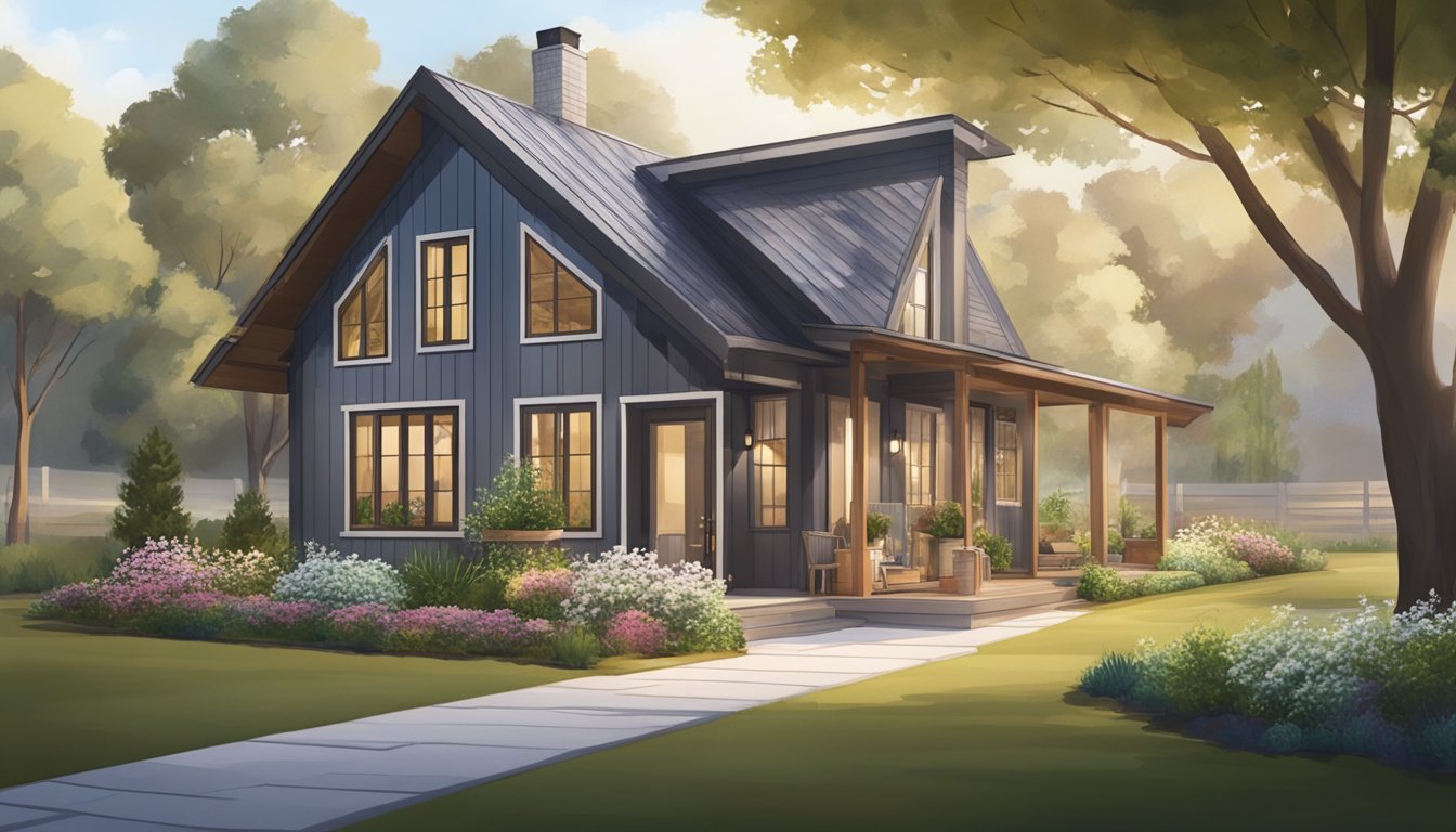 Exterior: Cozy small house with a front porch, flower beds, and a sloped roof. Interior: Open concept living space with lots of natural light, modern furnishings, and a compact kitchen