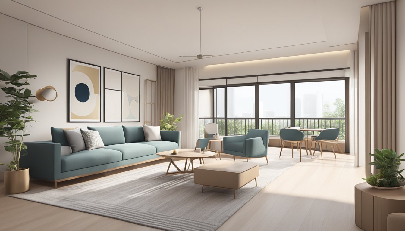 A clean, modern HDB apartment with sleek furniture, neutral colors, and minimal decor. Open space and natural light create a serene atmosphere