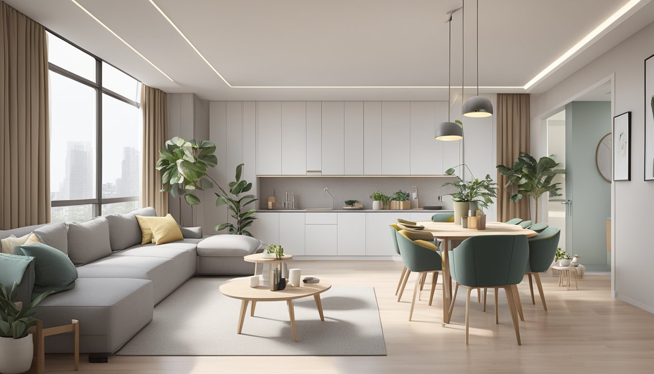 A simple, clean HDB apartment with minimalist furnishings and decor. Clear, uncluttered spaces with neutral colors and natural light