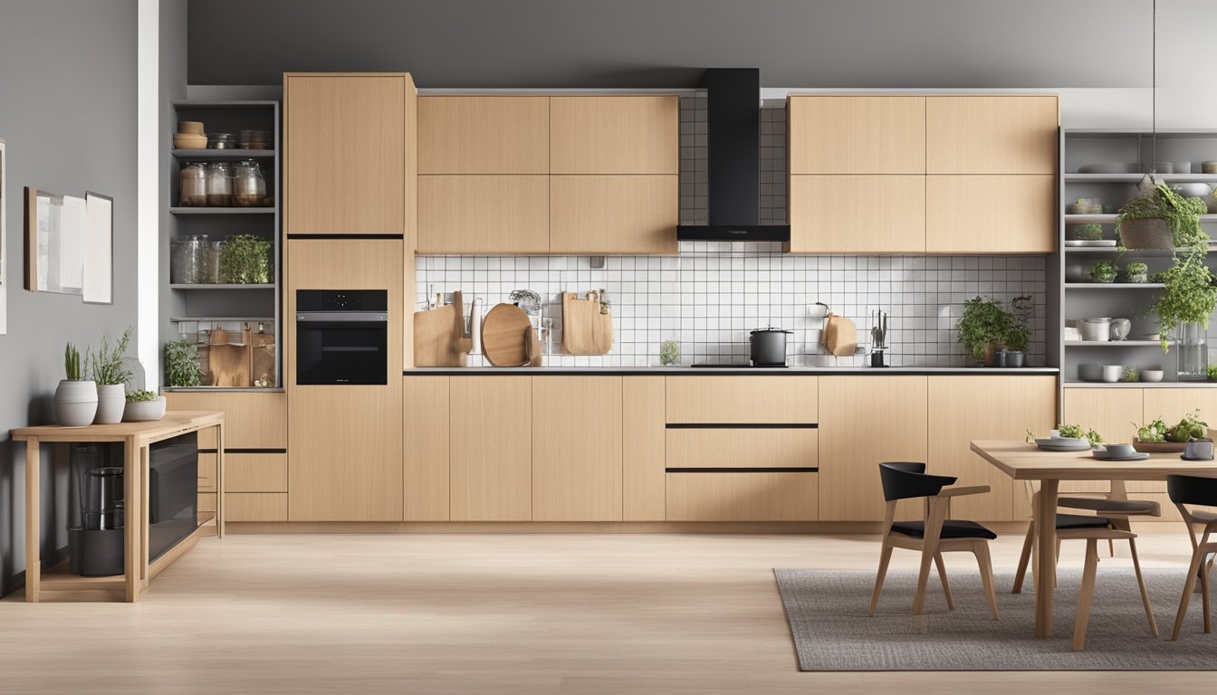 The modular kitchen cabinets are arranged in a sleek, modern design with clean lines and integrated handles. The cabinets are made of light-colored wood and feature a combination of open shelving and closed storage units