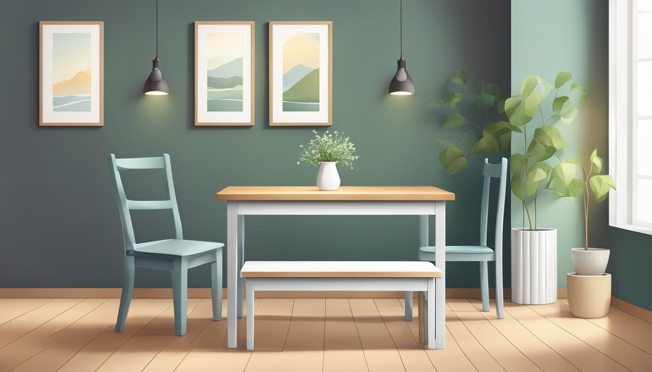 A small dining table with a bench placed against a wall in a cozy, well-lit room