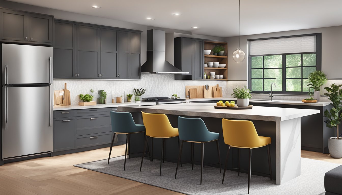 A modern kitchen with sleek countertops and new appliances, opening into a stylish dining area with a large table and comfortable chairs