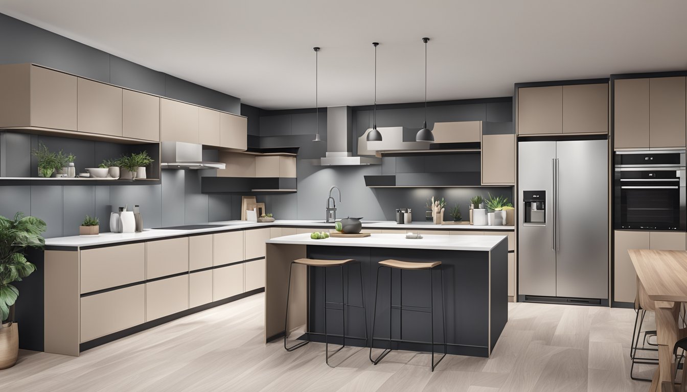 A sleek, modern modular kitchen with clean lines and integrated appliances. Cabinets in a neutral color with sleek handles and soft-close hinges
