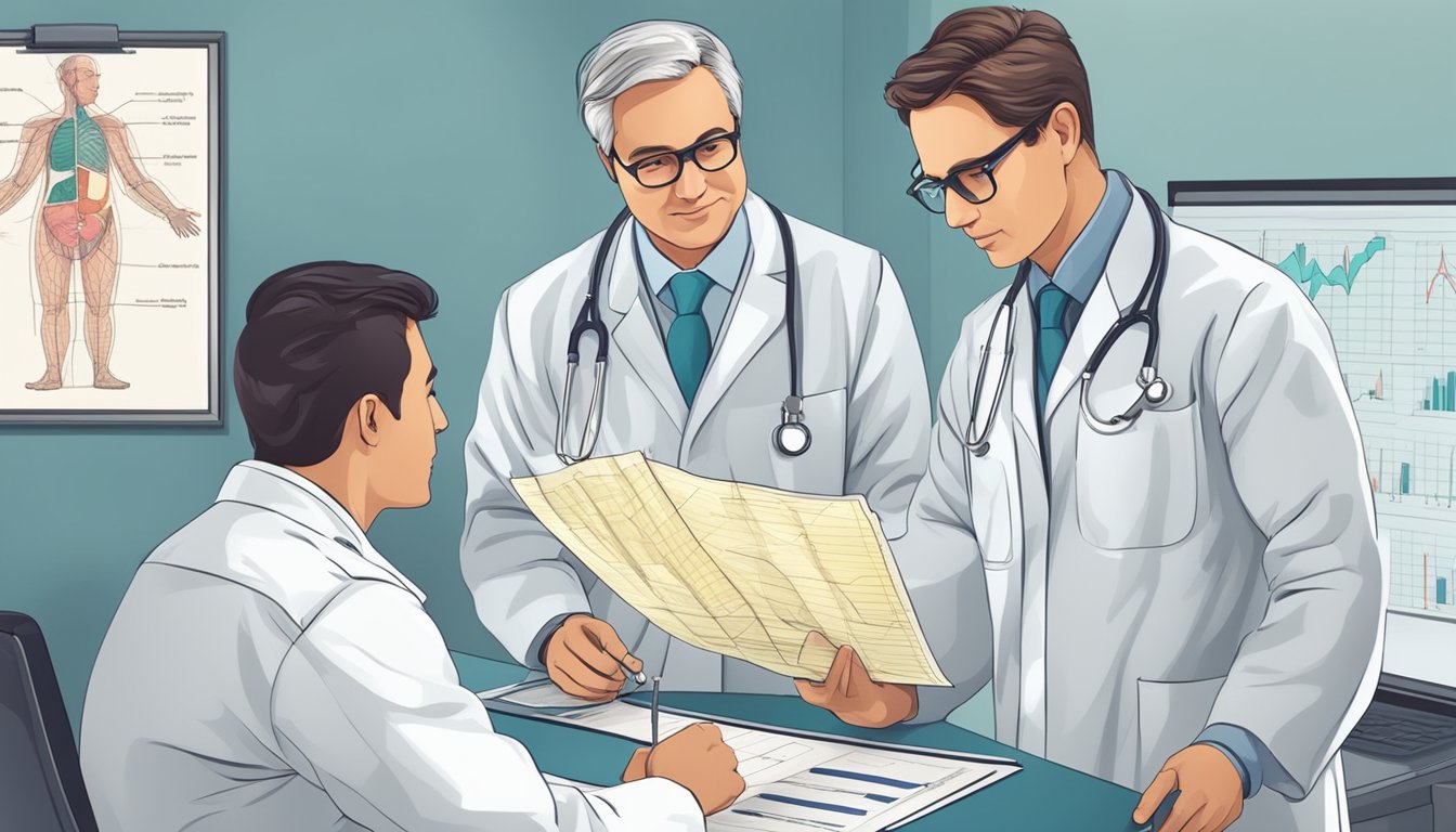A cardiologist and a cardiothoracic surgeon discussing patient care, with medical charts and diagrams in the background