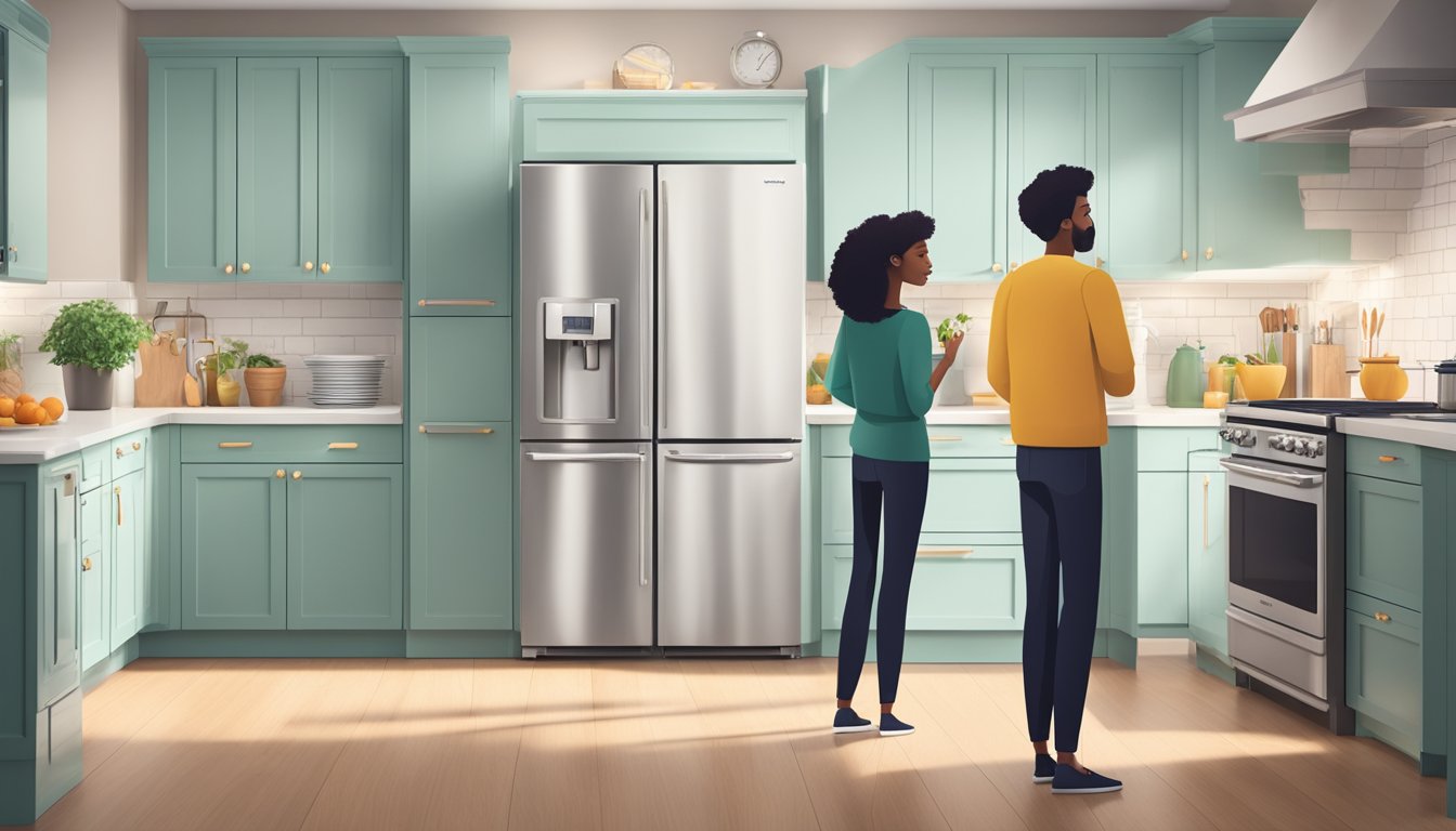 A family stands in a spacious kitchen, surrounded by various fridge options. They compare sizes, features, and styles before finally selecting the perfect fridge for their home