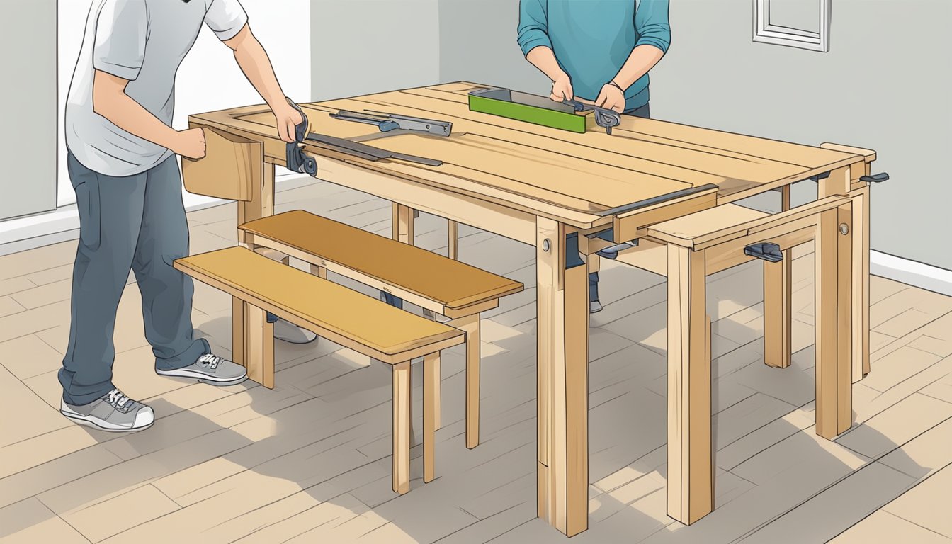 A person assembling a small dining table and bench, using tools and following instructions