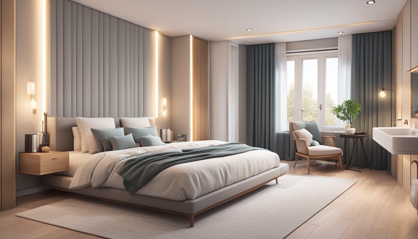 A cozy bedroom with a large, comfortable bed, soft lighting, and a neutral color scheme. A modern bathroom with sleek fixtures, a spacious shower, and a luxurious bathtub