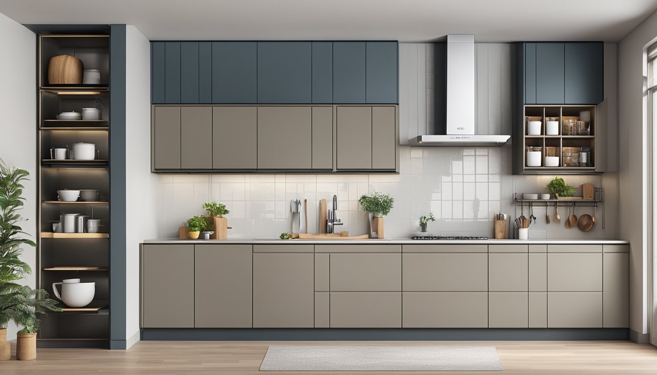 A row of modular kitchen cabinets with open doors, showcasing organized storage solutions for various kitchen items