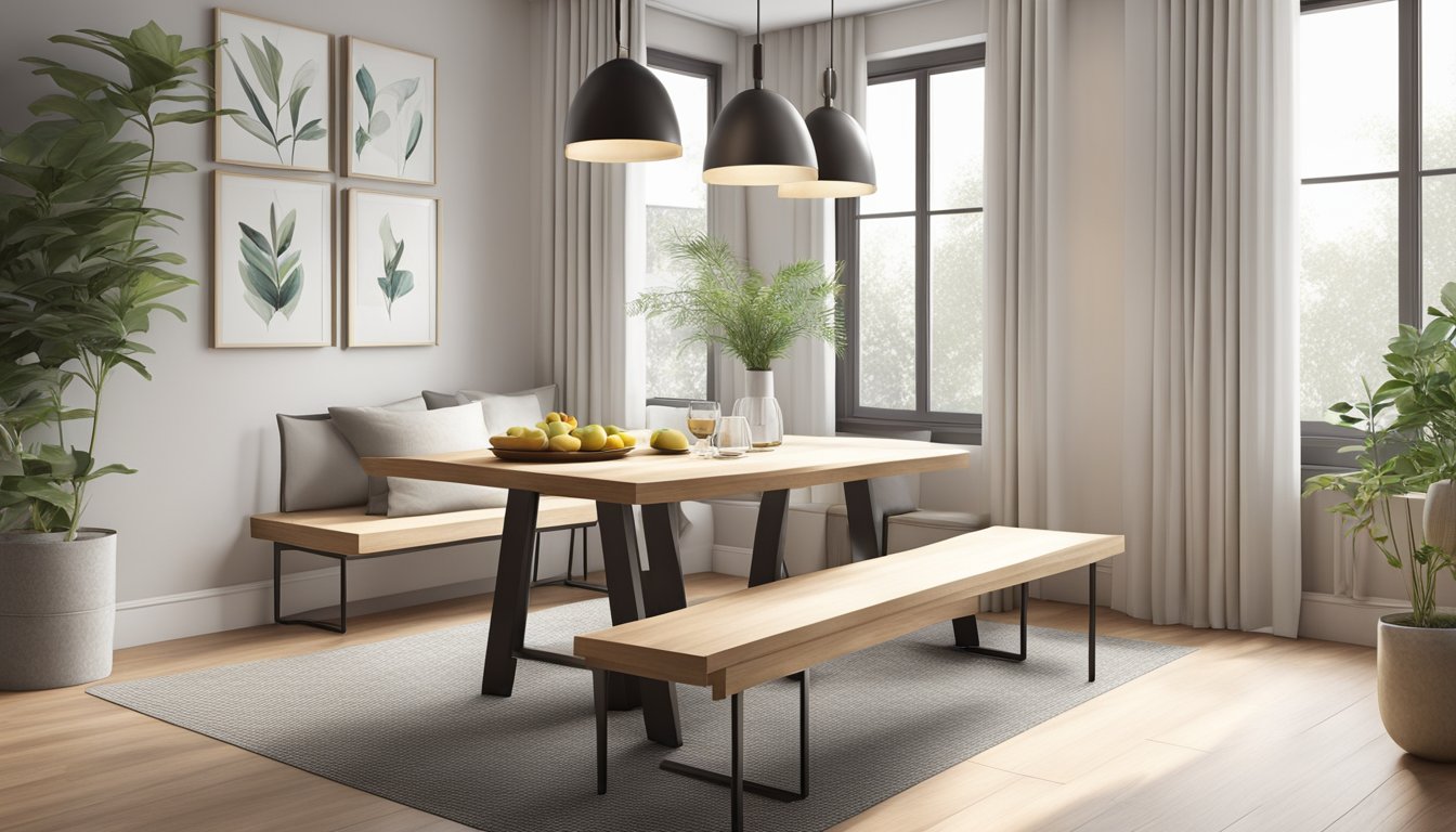 A small dining table with a bench, surrounded by minimal decor and natural lighting