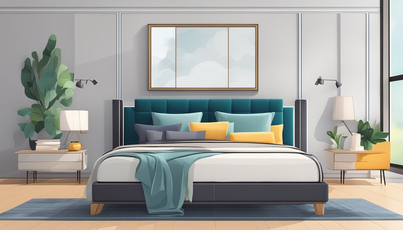 A sleek bed frame stands in a well-lit showroom, surrounded by decorative pillows and cozy bedding. A sign advertises a sale