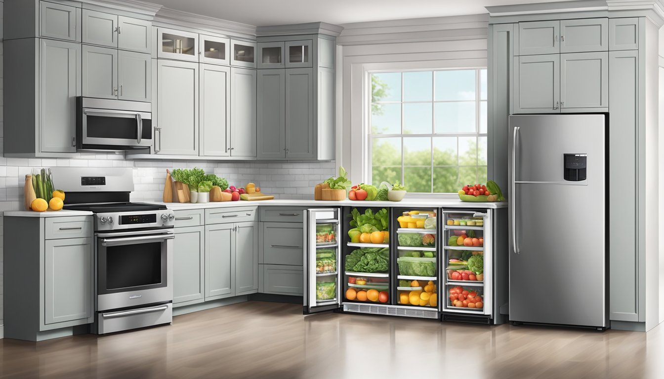 A modern kitchen with a sleek refrigerator stocked with fresh produce and convenient meal options