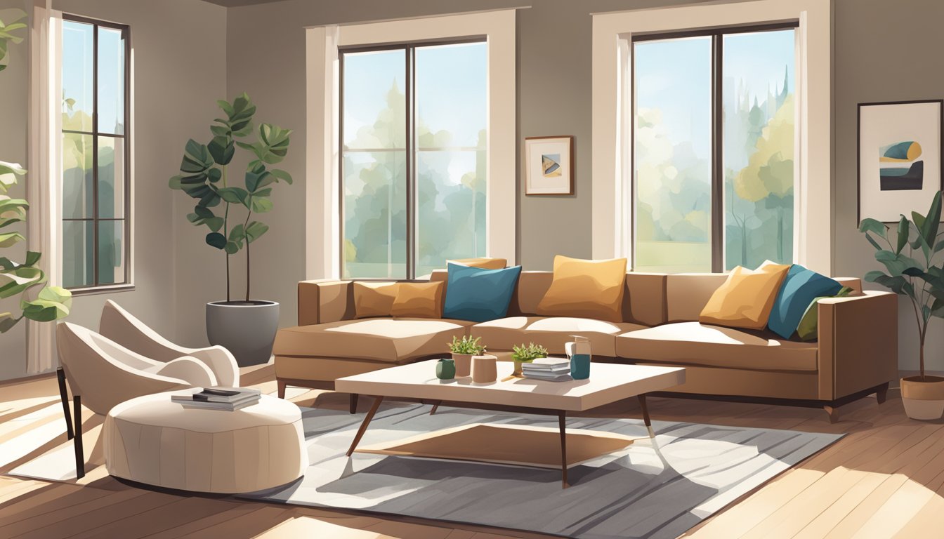 A modern living room with a sleek sofa set, coffee table, and cozy rug. Bright natural light streams in from large windows, creating a warm and inviting atmosphere