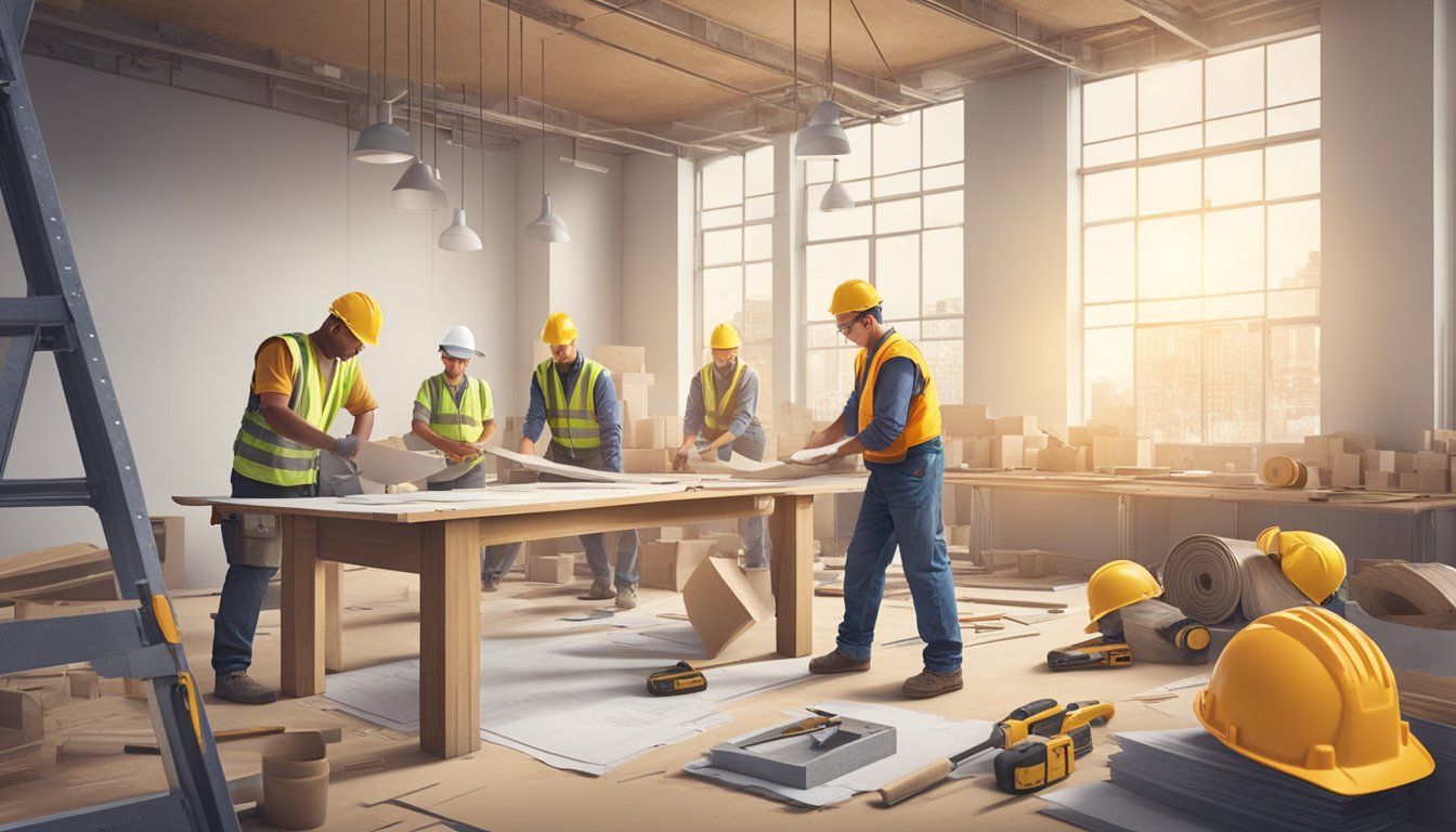 A construction site with workers renovating a building, tools and materials scattered around, and a blueprint displayed on a nearby table