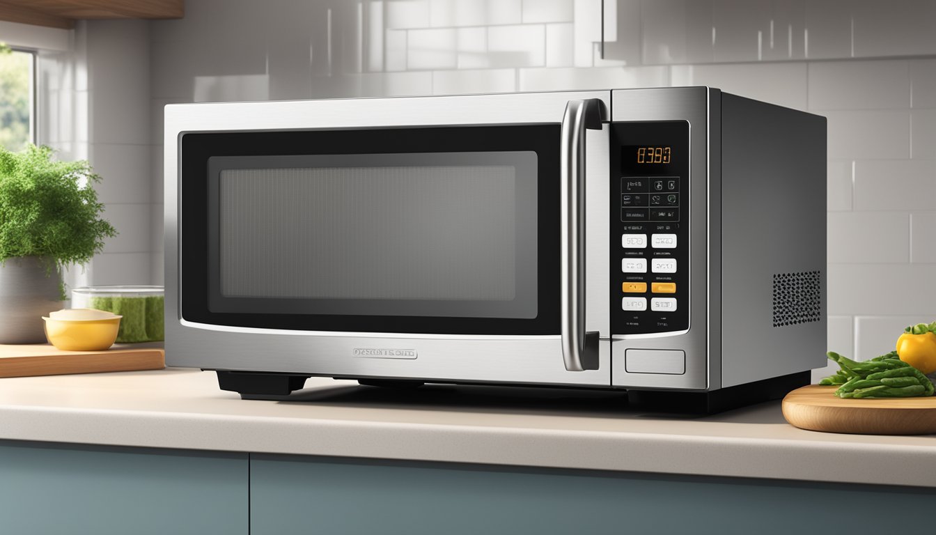 A sleek, stainless steel microwave oven sits on a clean kitchen countertop, with a digital display and touchpad controls