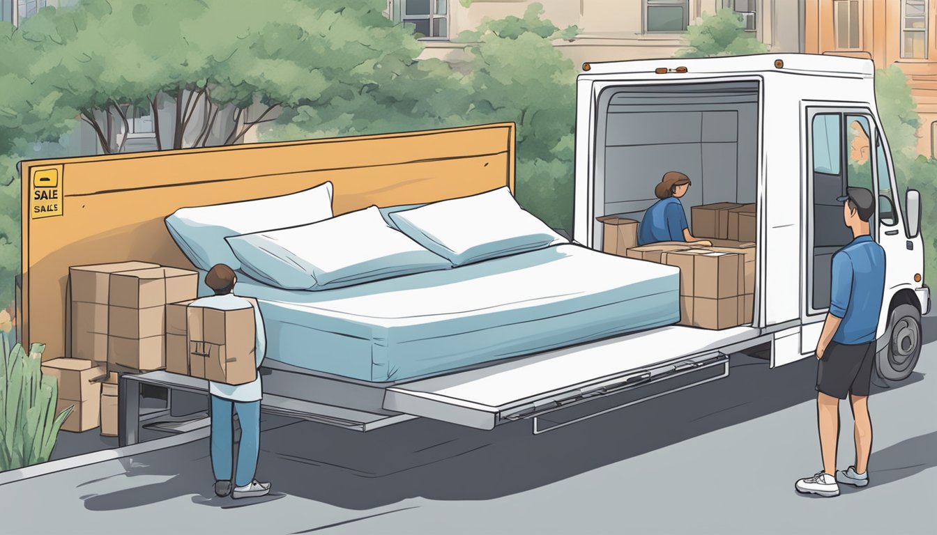 A bed frame sits on display, marked with a sale price tag. A delivery truck waits outside, and a helpful salesperson assists a customer