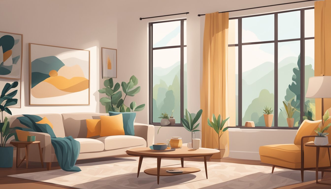 A cozy living room with a plush sofa set, soft throw pillows, and a warm blanket. The room is bathed in natural light, with a coffee table and a rug completing the inviting space