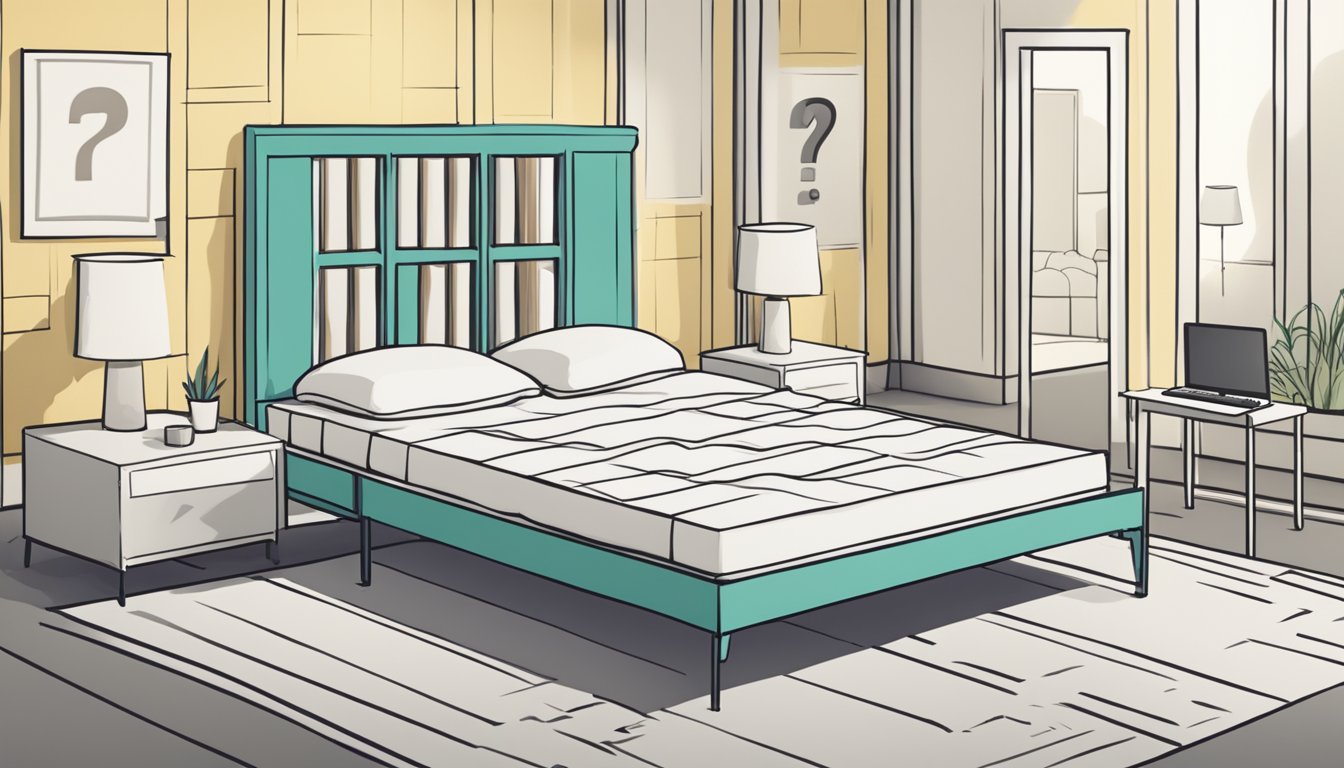 A bed frame surrounded by question marks, with a "Frequently Asked Questions" sign next to it